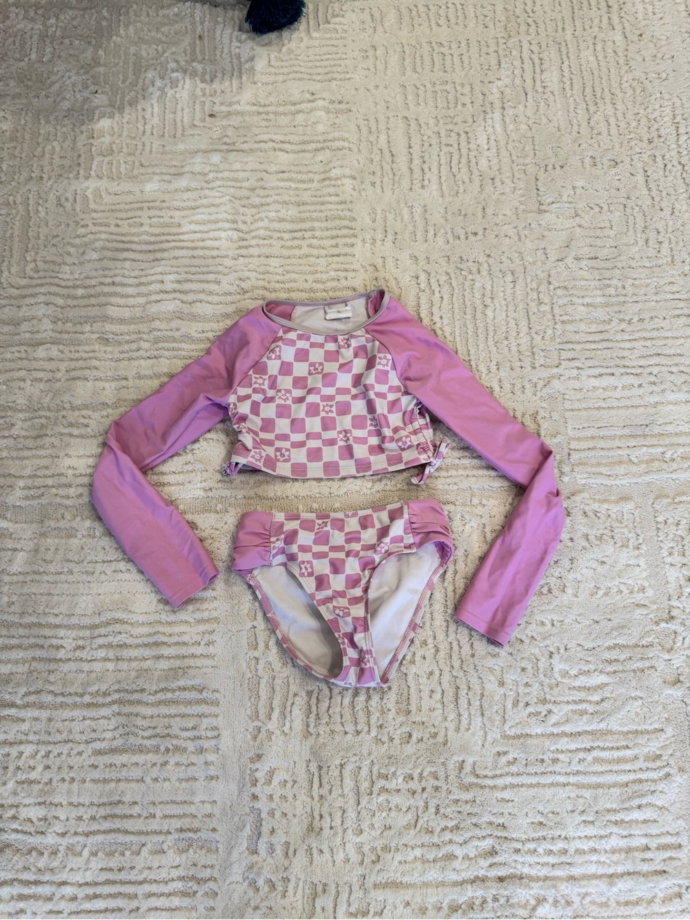 Pink Roxy Checkerboard Two-Piece Girls 7 Rash Guard Swimsuit Set